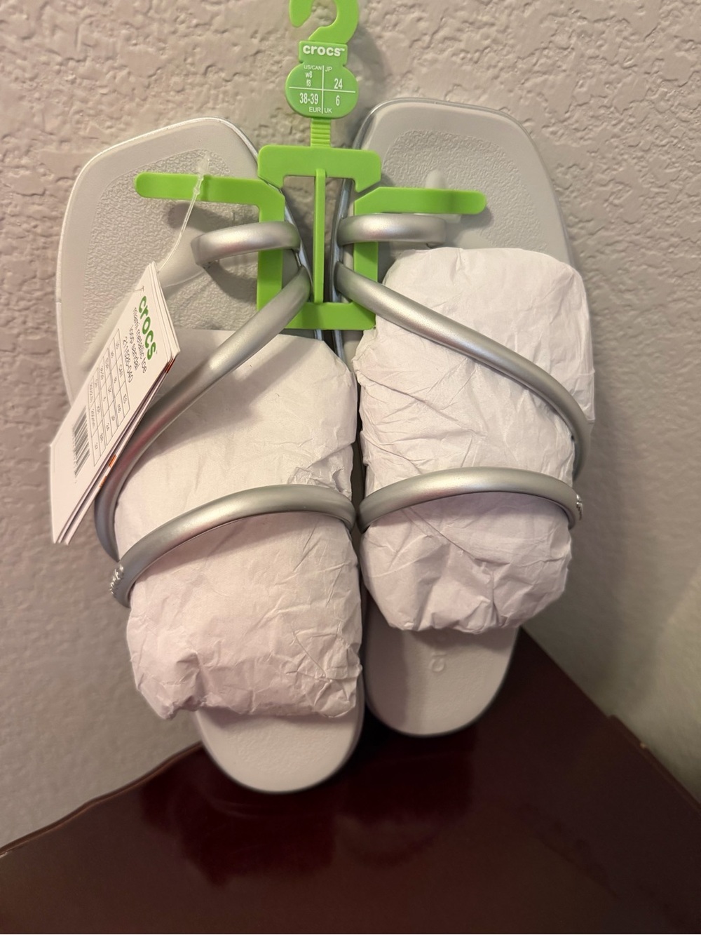 CROCS Silver Metallic Strappy Miami Slide Sandals with silver comfy footbed